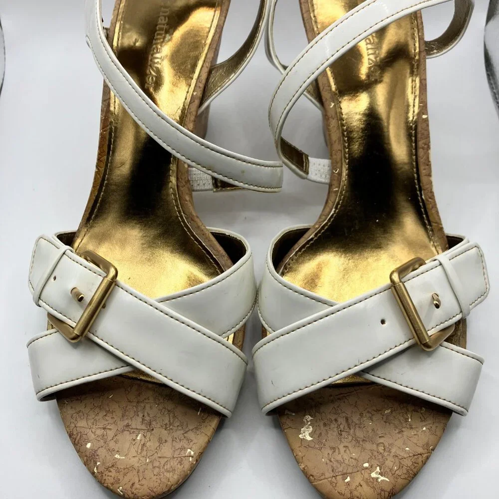 Naturalizer Sandals Leather White Cork 3.5 inch heel New Size 9 Like New